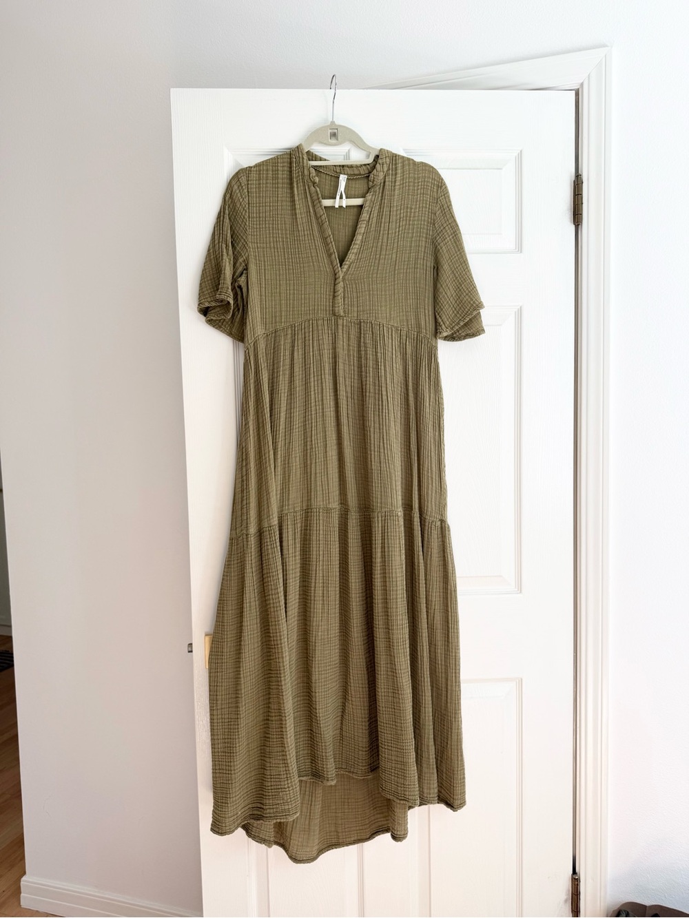 ANTHROPOLOGIE Olive Green Tiered Cotton Maxi Dress